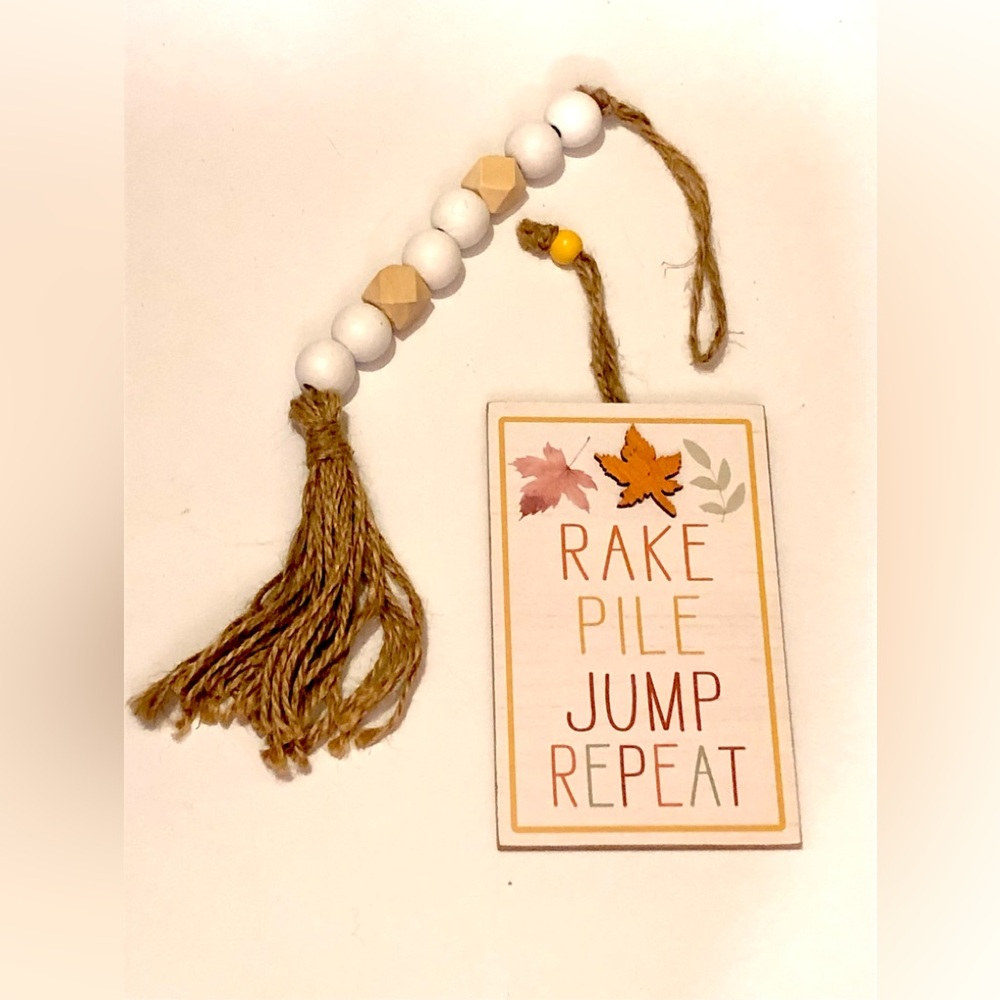 Fall Farmhouse Home Decor Bundle Rake Leaf Sign White Natural Wood Bead Strand